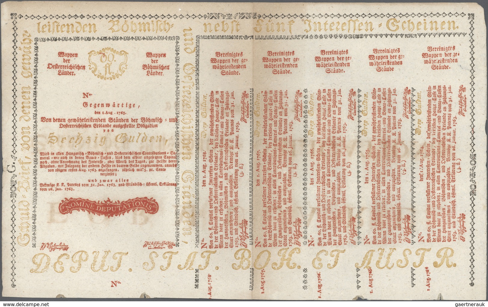 01067 Austria / Österreich: 60 Gulden 1763 Obligation Vienna, PR W12), Complete Sheet In Condition: VF. - Oostenrijk