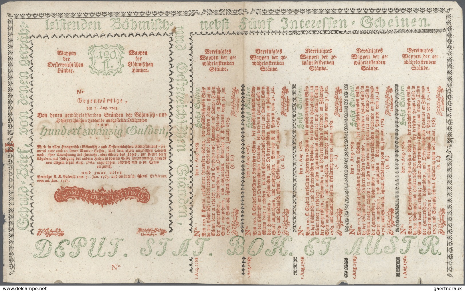 01068 Austria / Österreich: 120 Gulden 1763 Obligation Vienna, PR W13), Complete Sheet In Condition: XF. - Austria