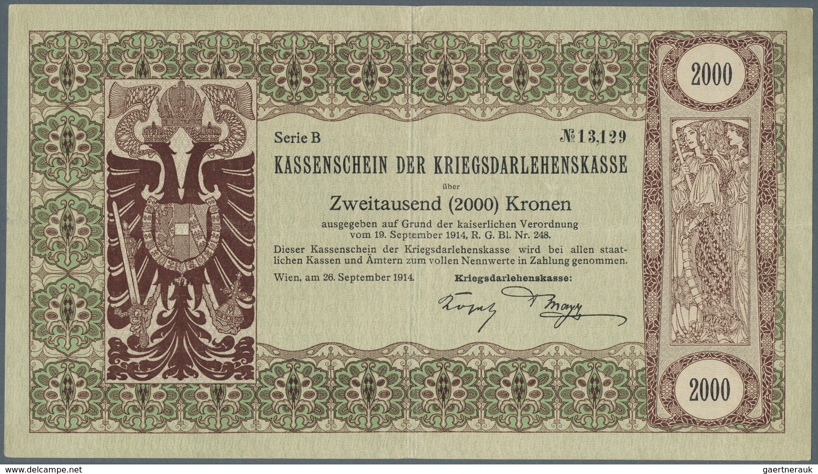 01070 Austria / Österreich: 2000 Kronen 1914 P. 27, Very Rare Issue, Folded In Center And Horizontally, Li - Austria