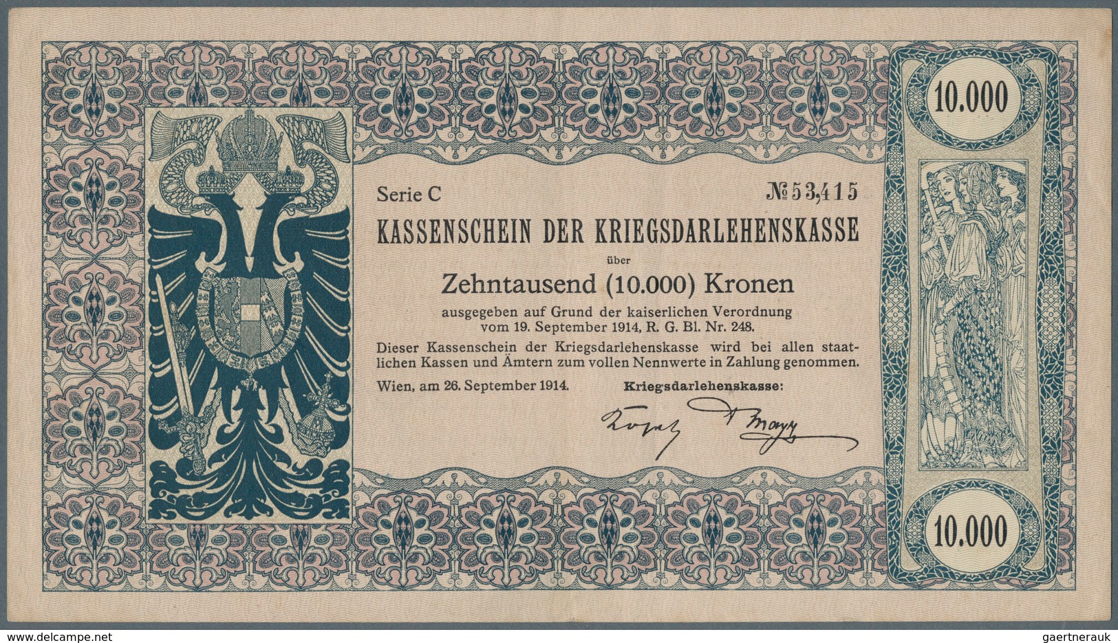 01071 Austria / Österreich: 10.000 Kronen 1914 P. 28, Very Rare Issue, Only Vertically Folded, Light Stain - Austria