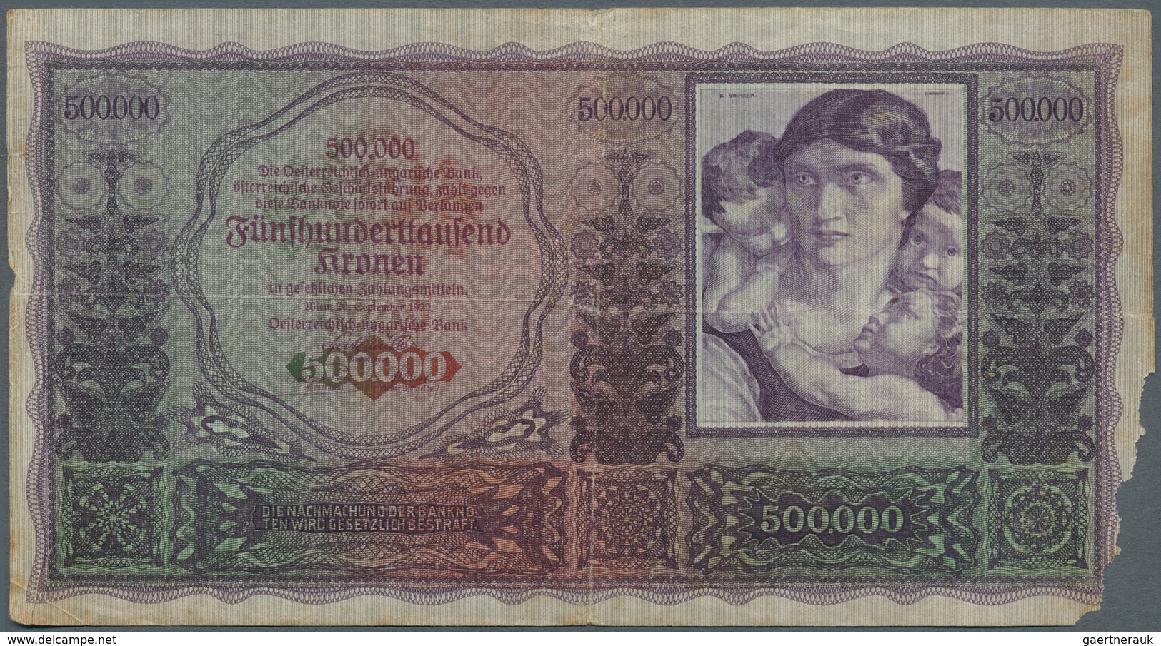 01073 Austria / Österreich: 500.000 Kronen 1922 P. 84a, Large Size Note, Unfortunately With A Larger Missi - Austria