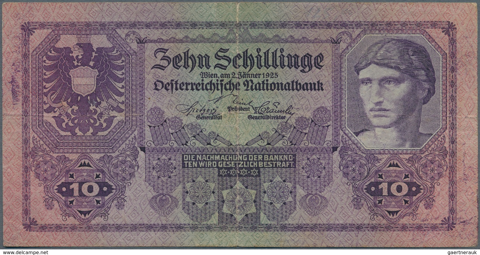 01074 Austria / Österreich: 10 Schilling 1925 P. 89, Strong Center And Strong Horizontal Fold (visible On - Austria