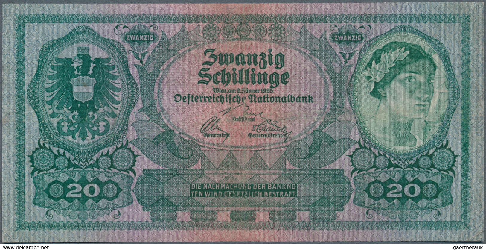 01075 Austria / Österreich: 20 Schilling 1925 P. 90, Center Folds, Small Professional Repairs At Upper And - Austria