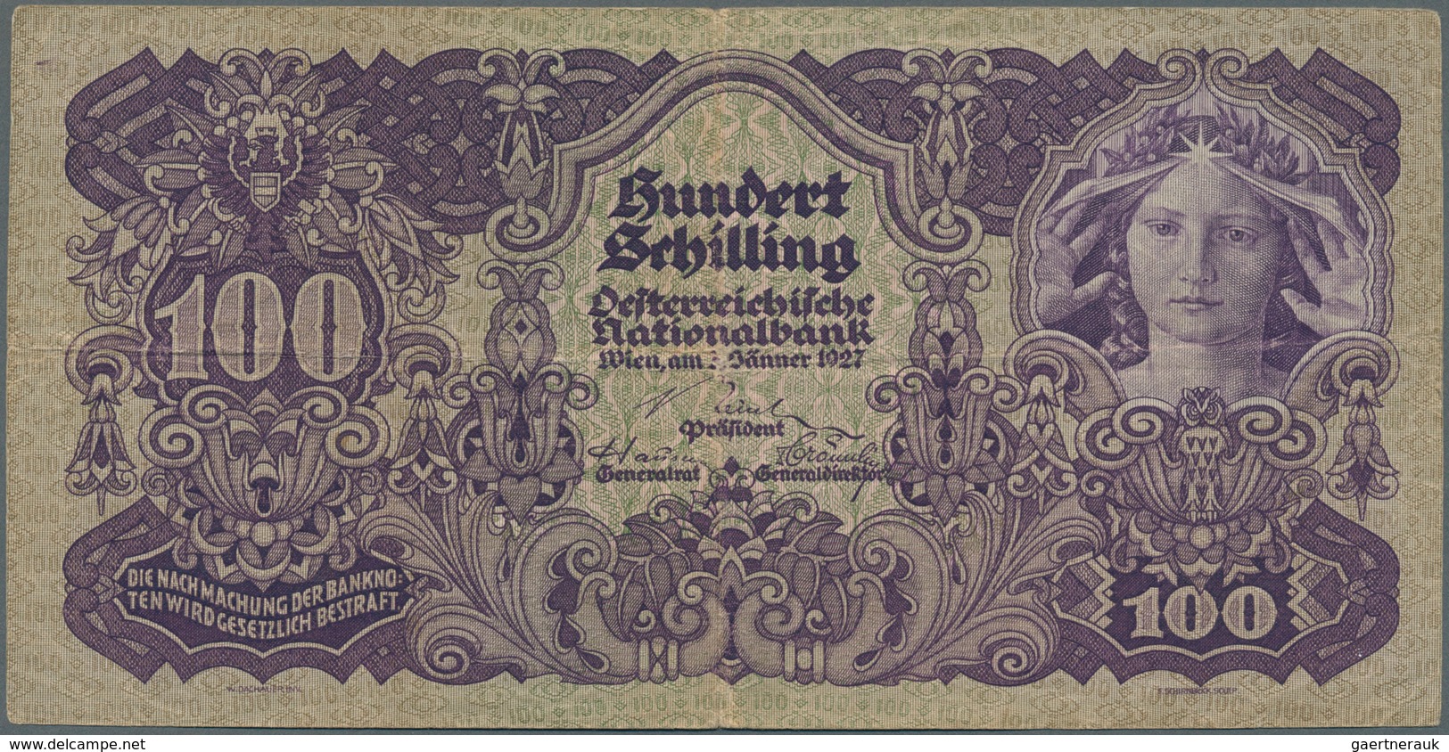 01077 Austria / Österreich: 100 Schilling 1927 P. 97, Used With Folds And Creases, Tiny Center Hole, No Te - Austria