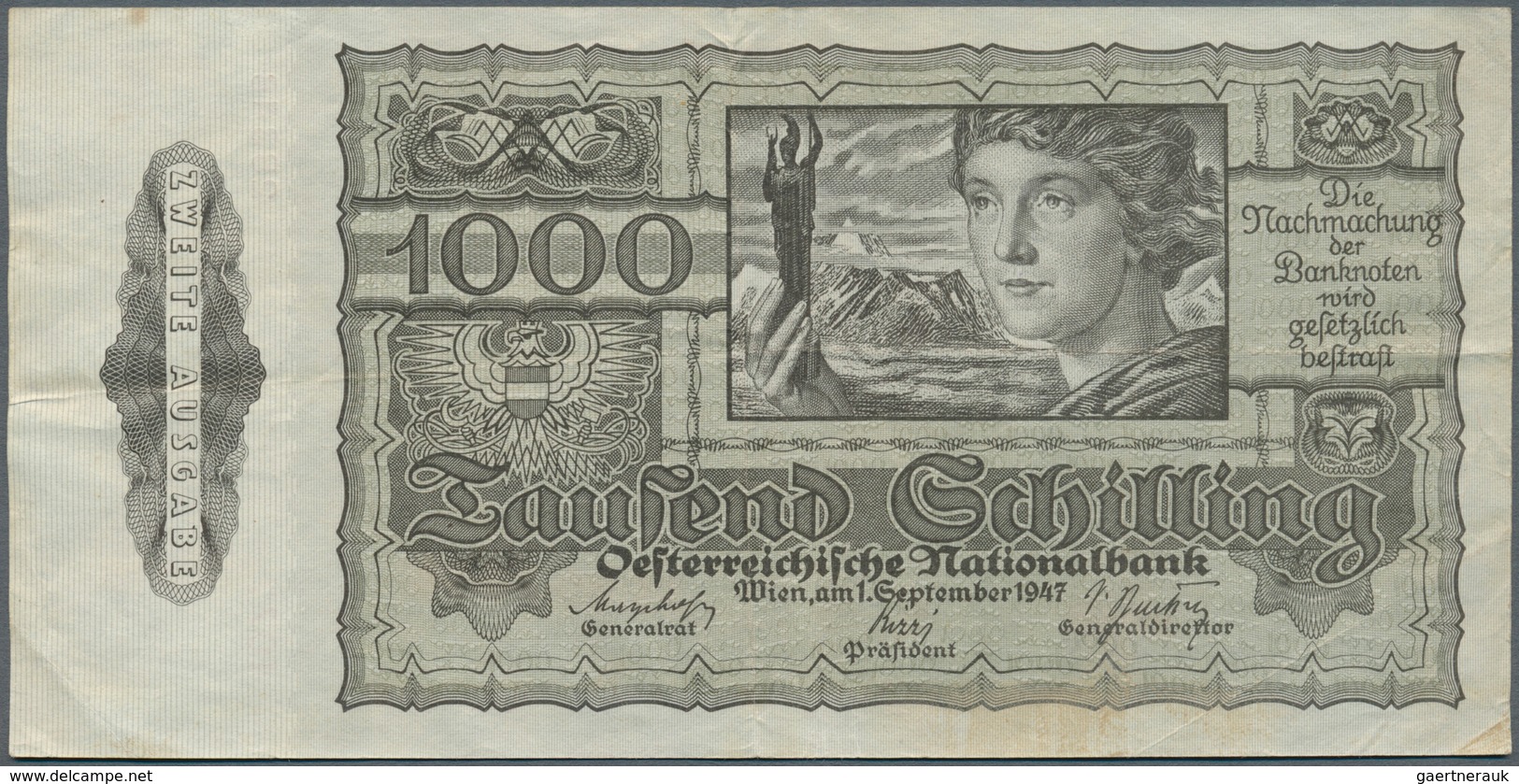 01080 Austria / Österreich: 1000 Schilling 1947 P. 125, Stronger Center Fold, Light Vertical Fold, Slight - Oostenrijk