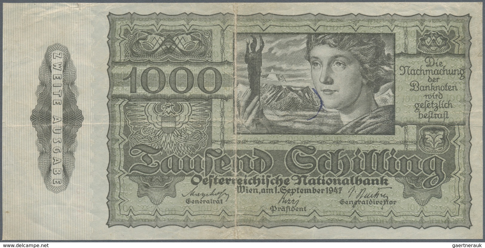 01081 Austria / Österreich: 1000 Schilling 1947 P. 125, Used With Stronger Center And Horizontal Fold, Min - Oostenrijk