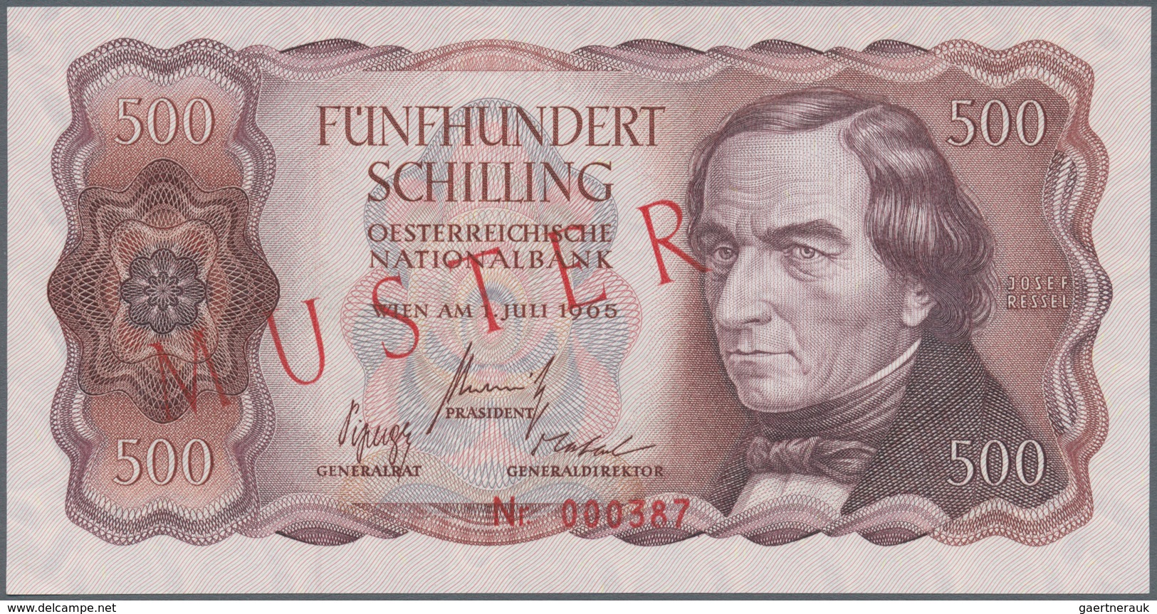 01083 Austria / Österreich: 500 Schilling 1965 MUSTER / SPECIMEN P. 139s In Condition: AUNC. - Austria