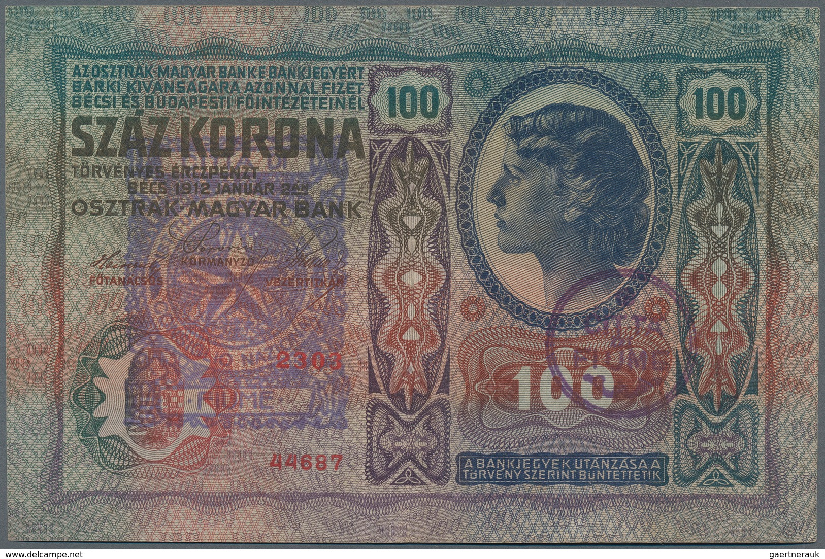 01086 Austria / Österreich: FIUME 100 Korona 1912 P. S115d Withh Large Stamp Ovpt. At Left And Additional - Austria