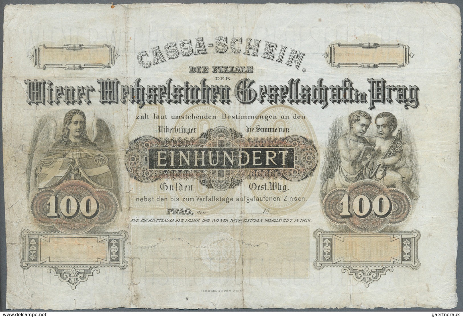 01088 Austria / Österreich: Wiener Wechselstuben Gesellschaft In Prag 100 Gulden Cassa-Schein 18xx Reminde - Austria