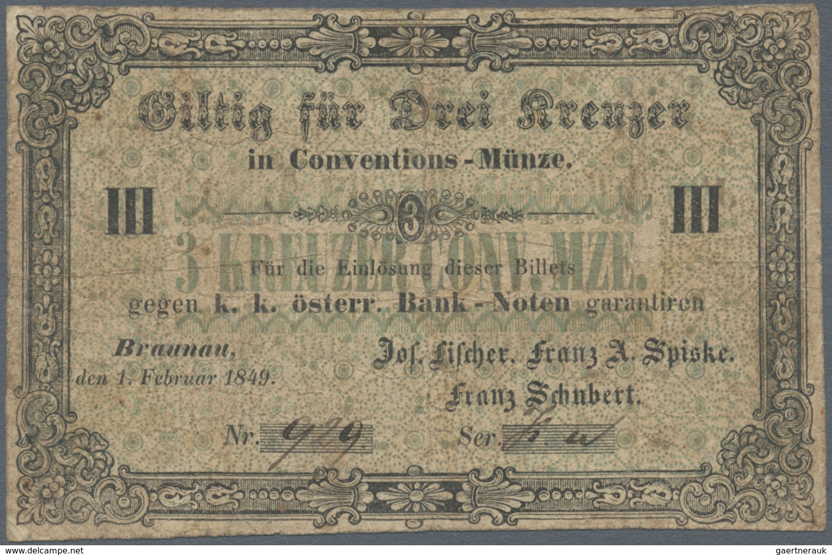 01089 Austria / Österreich: Braunau, 3 Kreuzer Conventions-Münze 1849, P.NL, Stained Paper With Several Fo - Austria