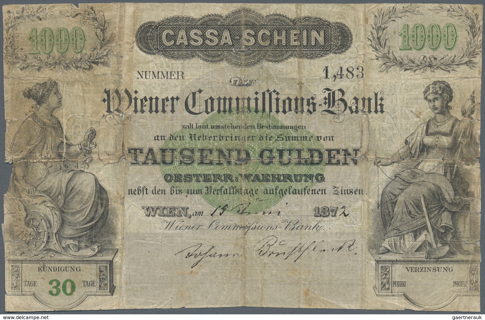 01090 Austria / Österreich: Wiener Commissions-Bank 1000 Gulden Cassa-Schein 1872, P.NL, Highly Rare Note - Austria