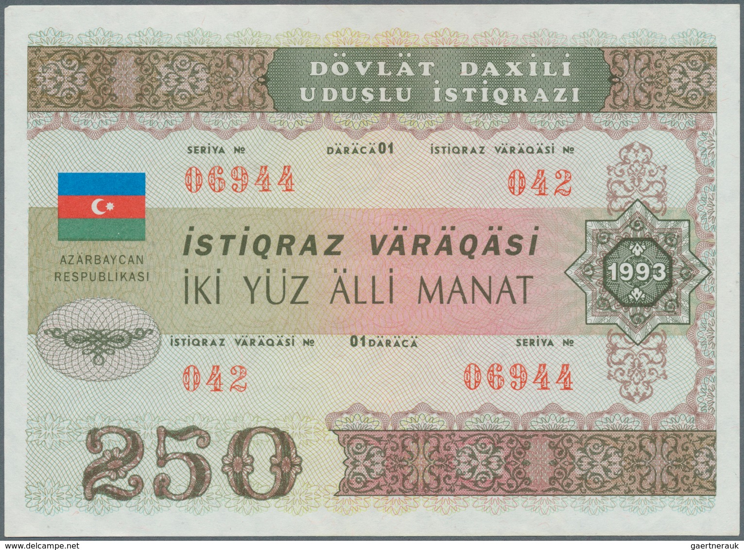 01093 Azerbaijan / Aserbaidschan: Pair Of The 250 Manat 1993 State Loan Bonds, P.13A In Almost Perfect Con - Azerbeidzjan