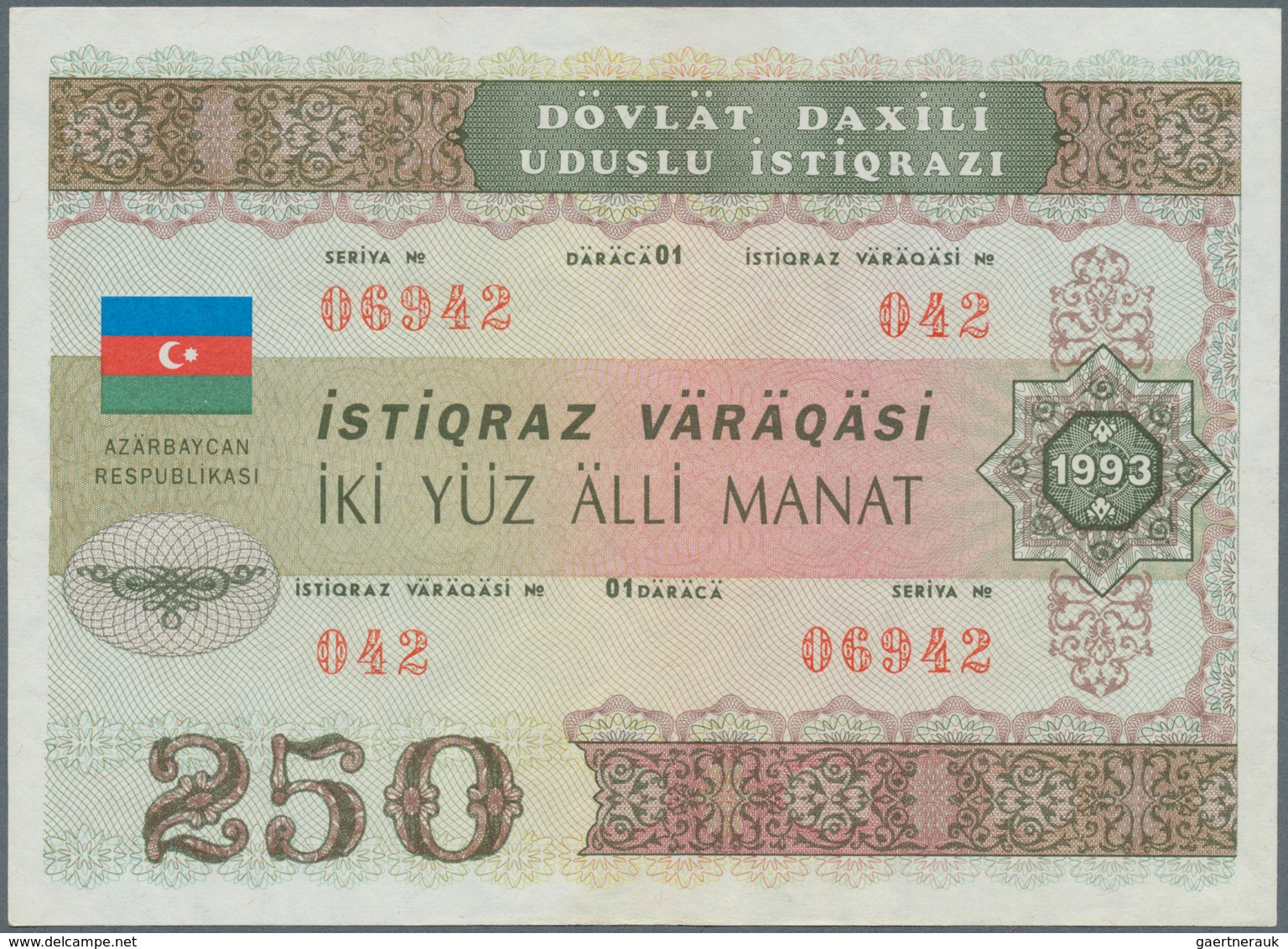 01093 Azerbaijan / Aserbaidschan: Pair Of The 250 Manat 1993 State Loan Bonds, P.13A In Almost Perfect Con - Azerbeidzjan