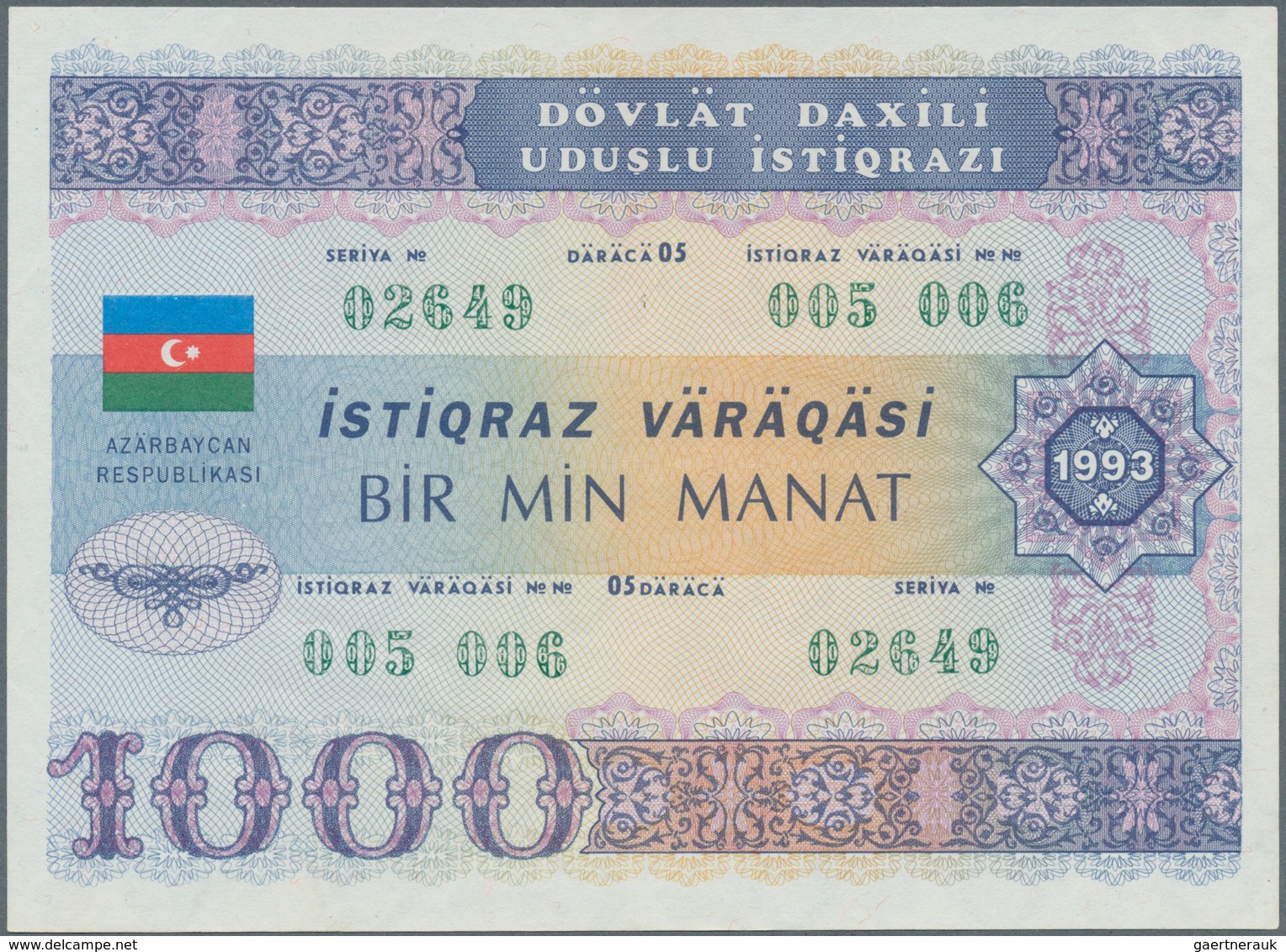 01095 Azerbaijan / Aserbaidschan: Pair Of The 1000 Manat 1993 State Loan Bonds, P.13C In Almost Perfect Co - Azerbaïjan