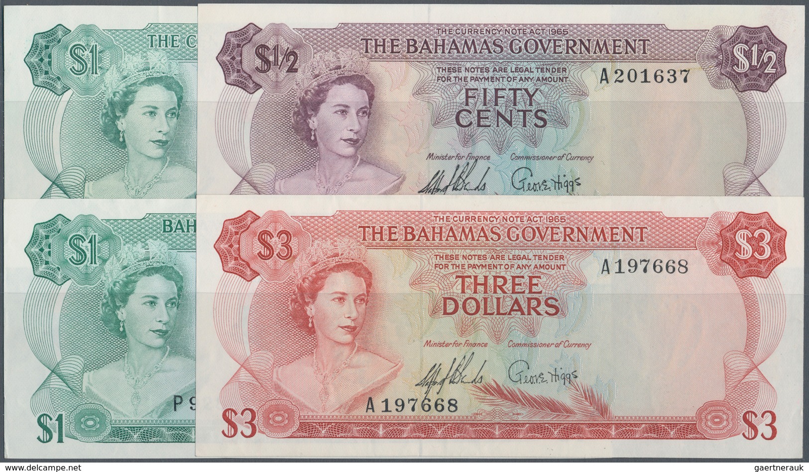 01097 Bahamas: Set Of 4 Banknotes Containing 1/2 Dollar L.1965 P. 17a (UNC), 3 Dollars L.1965 P. 19a (XF), - Bahamas