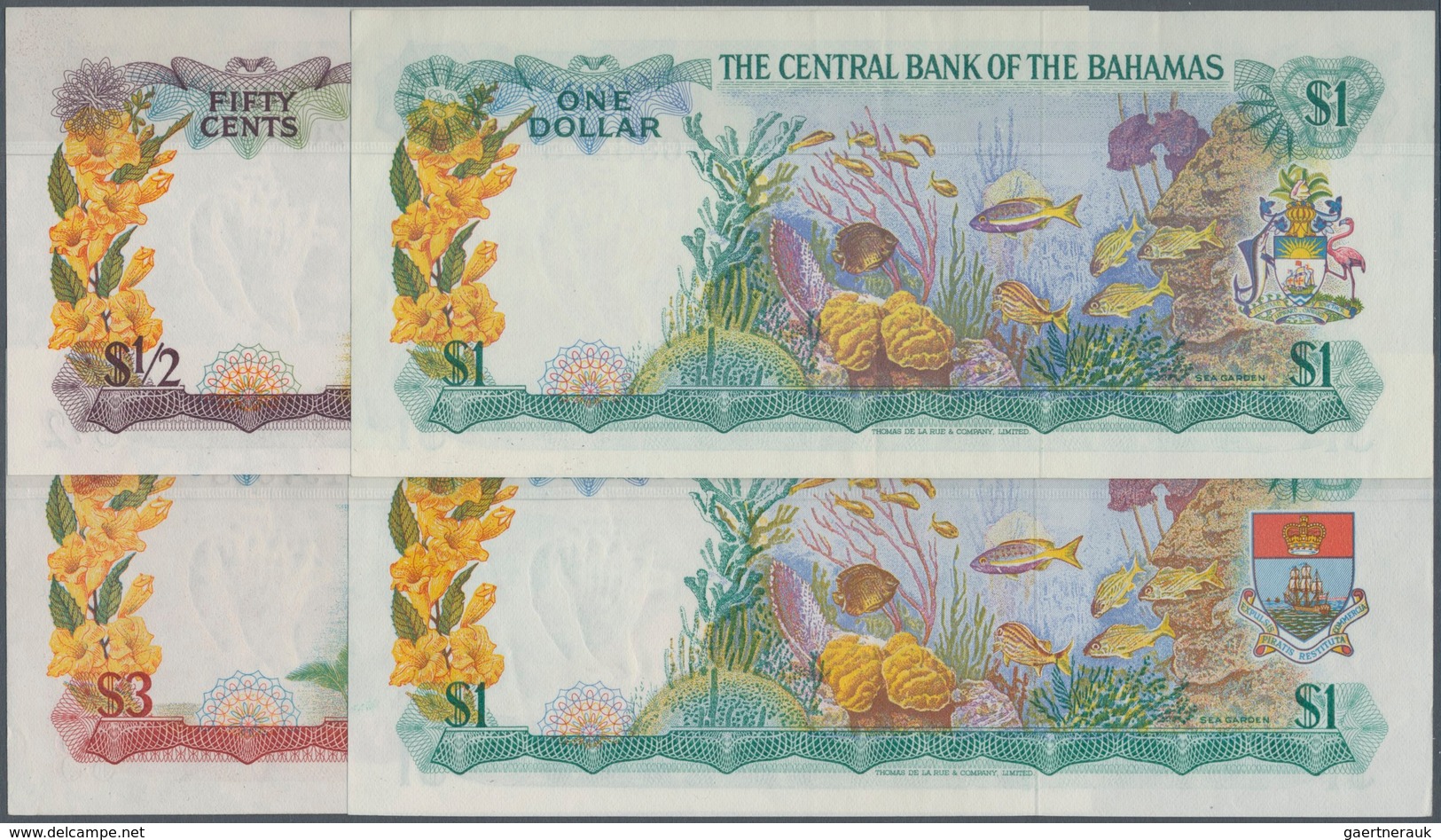 01097 Bahamas: Set Of 4 Banknotes Containing 1/2 Dollar L.1965 P. 17a (UNC), 3 Dollars L.1965 P. 19a (XF), - Bahamas