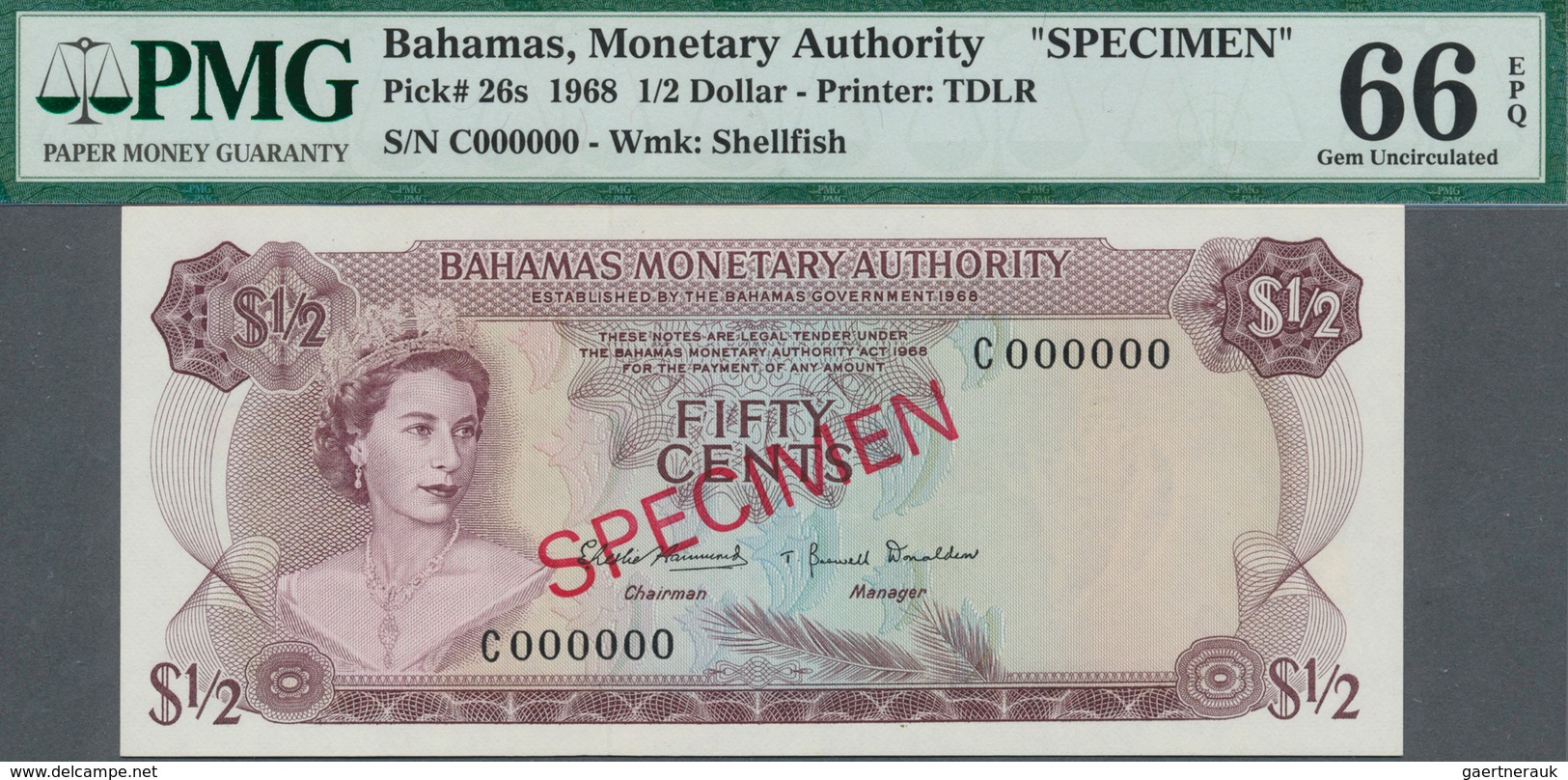 01098 Bahamas: Set Of 8 SPECIMEN Banknotes From 1/2 Dollar 1968 To 100 Dollars 1968 Specimen P. 26s-33s, A - Bahamas