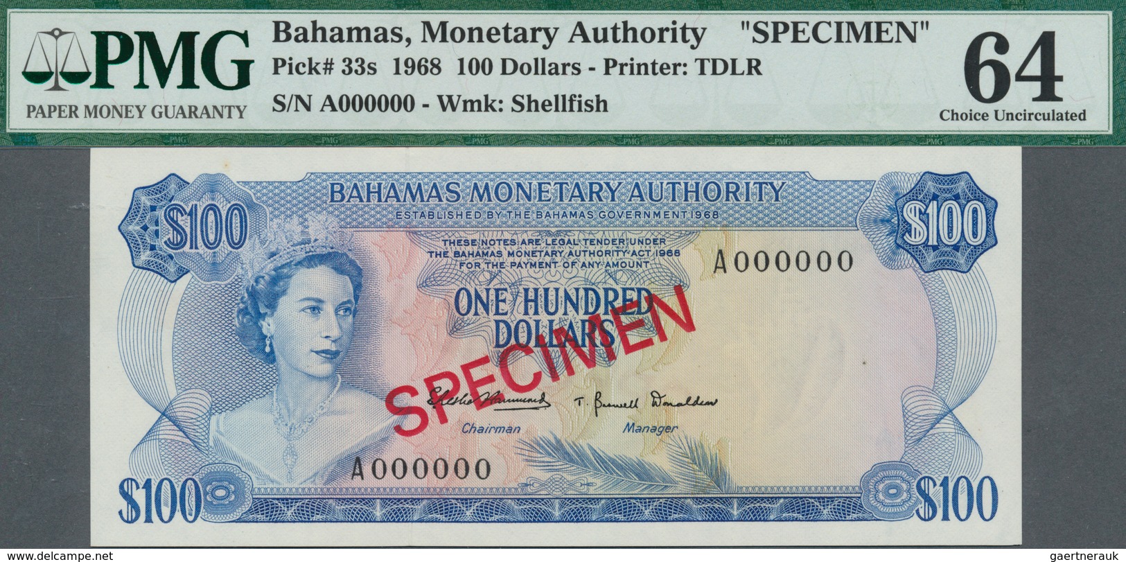 01098 Bahamas: set of 8 SPECIMEN banknotes from 1/2 Dollar 1968 to 100 Dollars 1968 Specimen P. 26s-33s, a