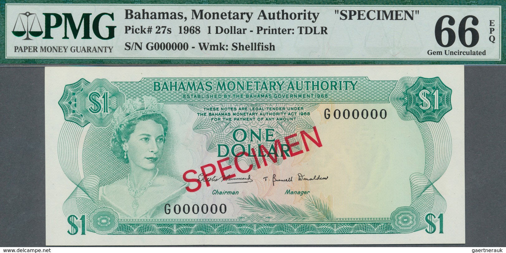 01098 Bahamas: set of 8 SPECIMEN banknotes from 1/2 Dollar 1968 to 100 Dollars 1968 Specimen P. 26s-33s, a