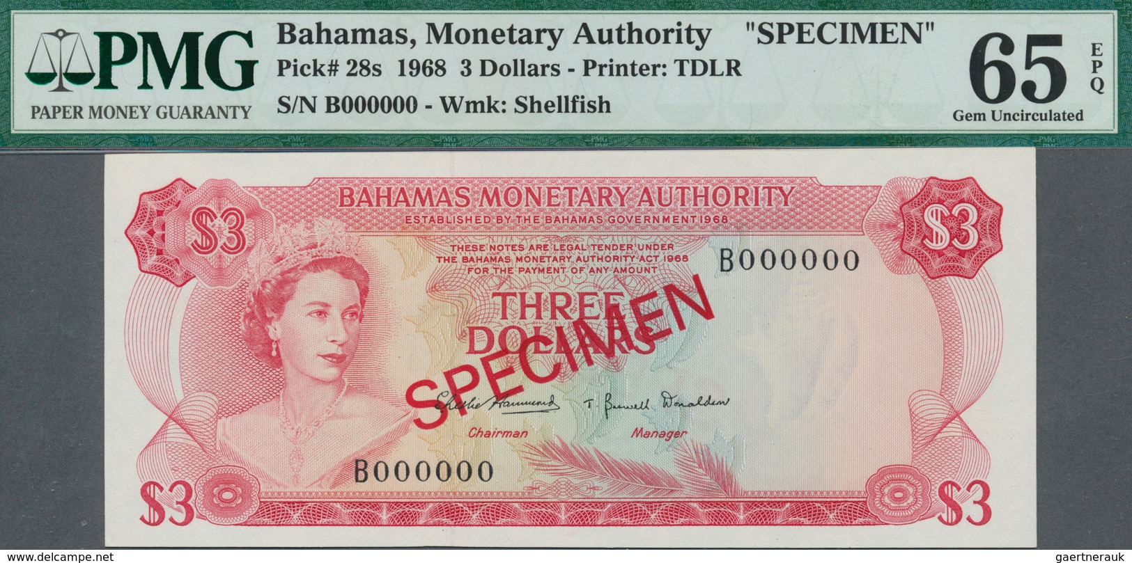 01098 Bahamas: set of 8 SPECIMEN banknotes from 1/2 Dollar 1968 to 100 Dollars 1968 Specimen P. 26s-33s, a