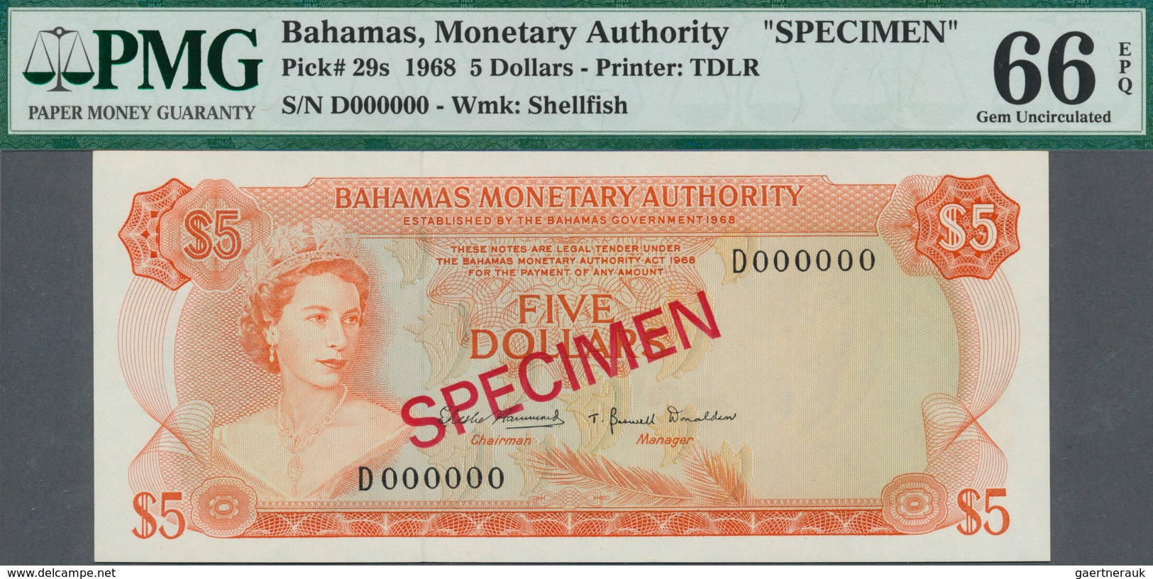 01098 Bahamas: set of 8 SPECIMEN banknotes from 1/2 Dollar 1968 to 100 Dollars 1968 Specimen P. 26s-33s, a