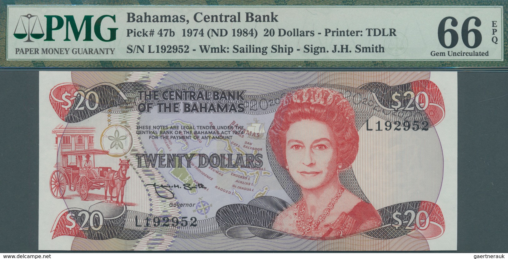 01100 Bahamas: 20 Dollars ND(1984) P. 47b In Condition: PMG Graded 66 GEM UNC EPQ. - Bahamas