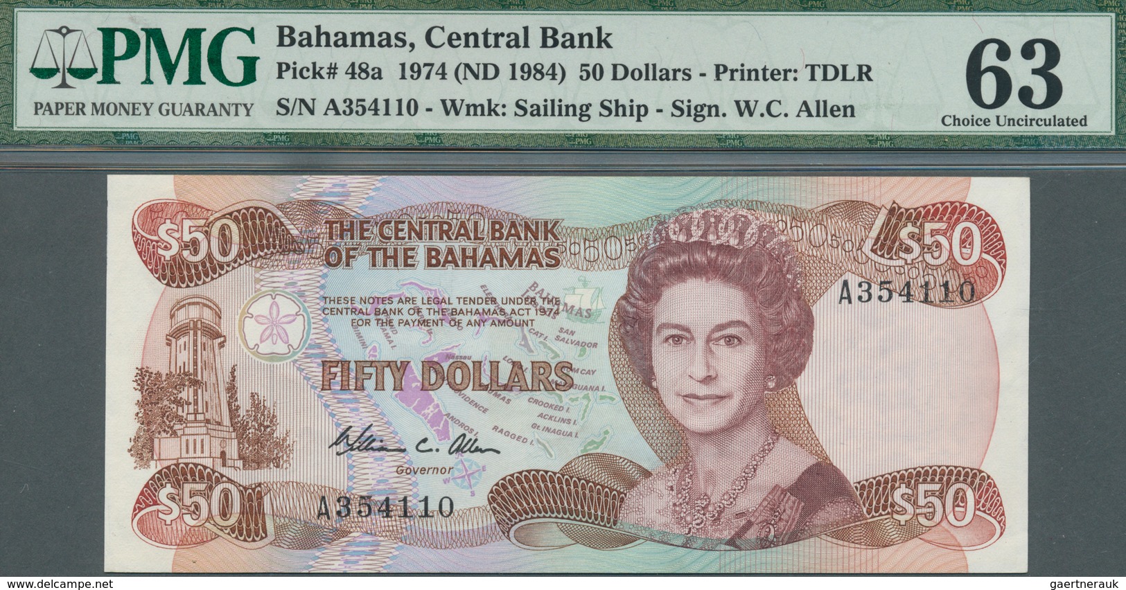 01101 Bahamas: 50 Dollars ND(1984) P. 48a Key Note, Condition: PMG Graded 63 Choice UNC. - Bahamas