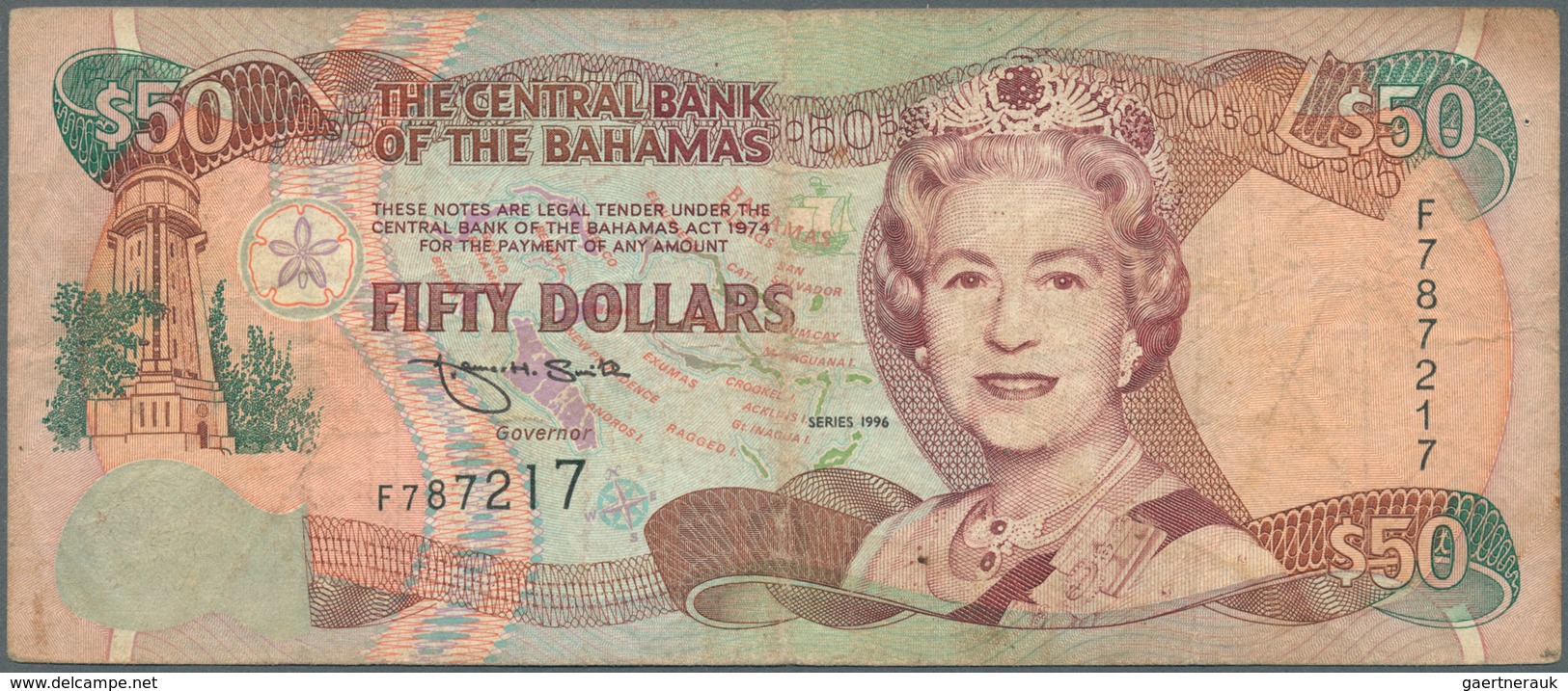 01103 Bahamas: 50 Dollars 1996 Key Note P. 61 In Used Condition With Folds And Creases As Well As Light St - Bahama's