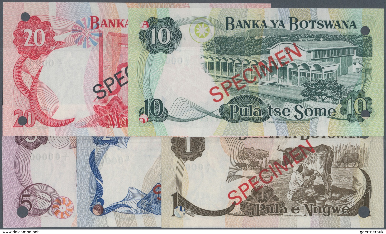 01111 Bangladesh: Complete Set Of 5 Banknotes 1 To 20 Pula ND(1976) SPECIMEN P. 1s-5s, All In Condition: U - Bangladesh