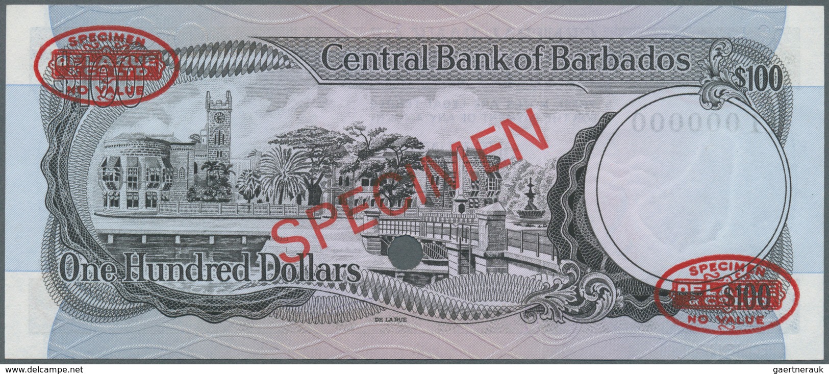 01113 Barbados: 100 Dollars 1973 SPECIMEN, P.35s, Punch Hole Cancellation And Overprint "Specimen" At Cent - Barbados