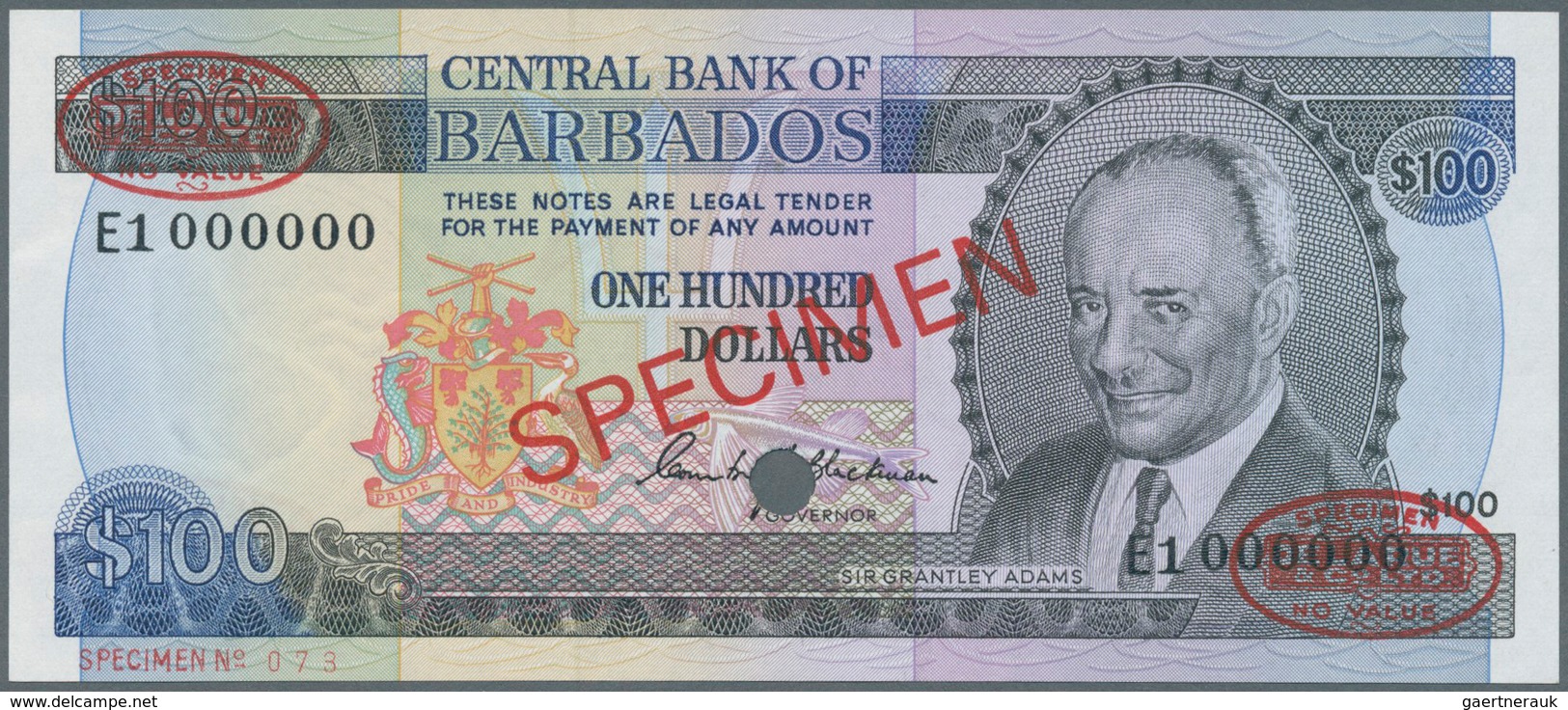 01114 Barbados: 100 Dollars ND (1973) Specimen P. 35s With Red "Specimen" Overprint In Center On Front And - Barbados