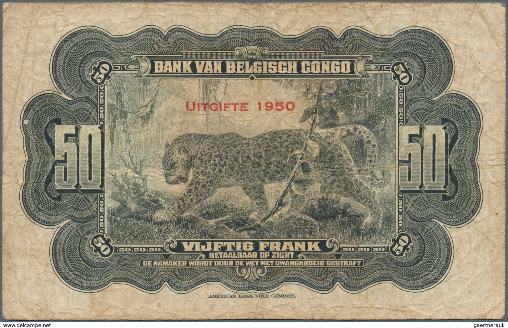 01117 Belgian Congo / Belgisch Kongo: 50 Francs 1950 P. 16, Used With Many Folds And Creases, Stained Pape - Non Classificati