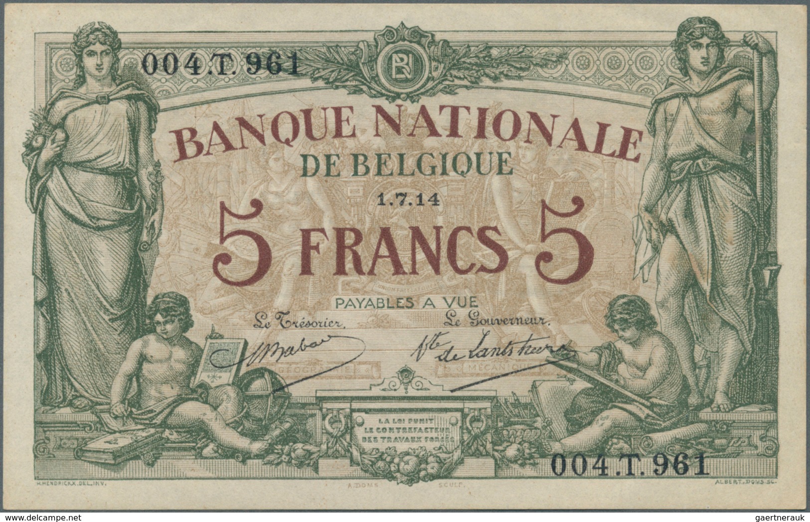 01121 Belgium / Belgien: 5 Francs 1914 P. 75, Unfolded But Light Handling In Paper, Condition: AUNC. - [ 1] …-1830 : Before Independence