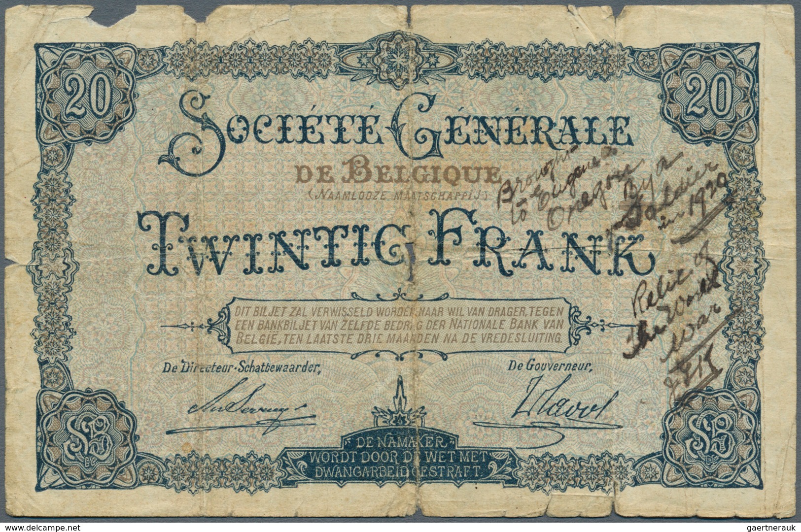 01122 Belgium / Belgien: 20 Francs 1917 P. 89, Strong Used With Very Strong Folds Causing Holes In Paper, - [ 1] …-1830 : Voor Onafhankelijkheid