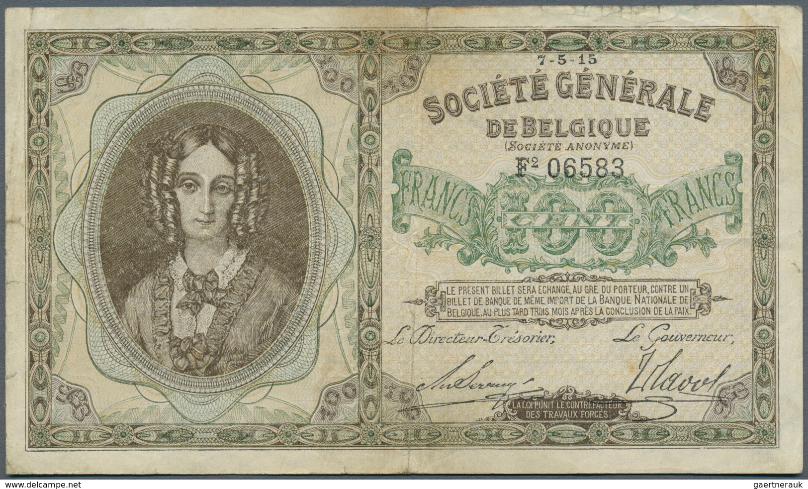 01123 Belgium / Belgien: 100 Francs 1915 P. 90, Rare Note, Center Fold And Handling In Paper, Corner Fold - [ 1] …-1830 : Voor Onafhankelijkheid