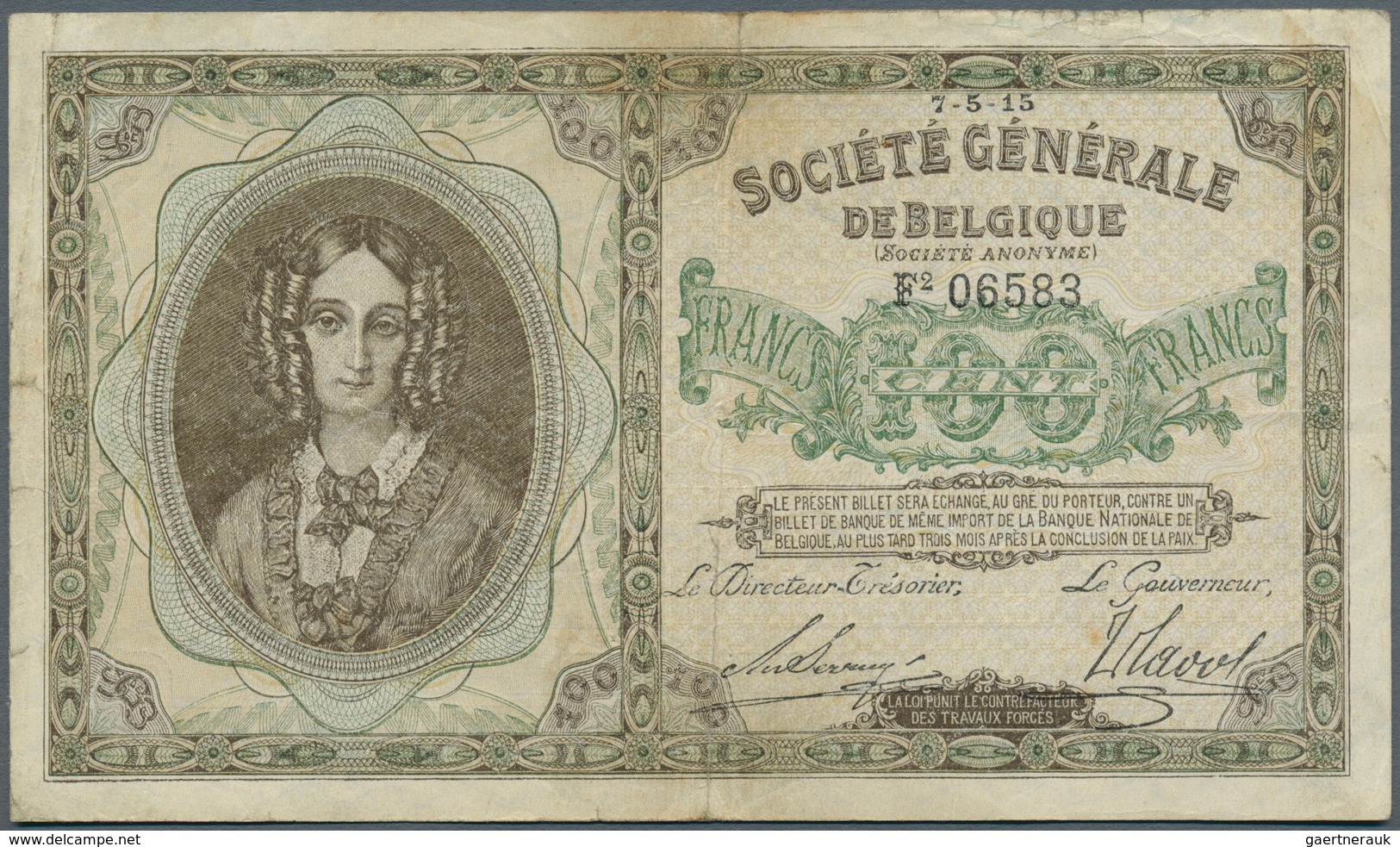 01123 Belgium / Belgien: 100 Francs 1915 P. 90, Rare Note, Center Fold And Handling In Paper, Corner Fold - [ 1] …-1830 : Prima Dell'Indipendenza
