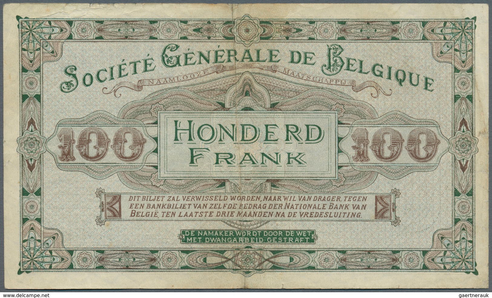 01123 Belgium / Belgien: 100 Francs 1915 P. 90, Rare Note, Center Fold And Handling In Paper, Corner Fold - [ 1] …-1830 : Voor Onafhankelijkheid