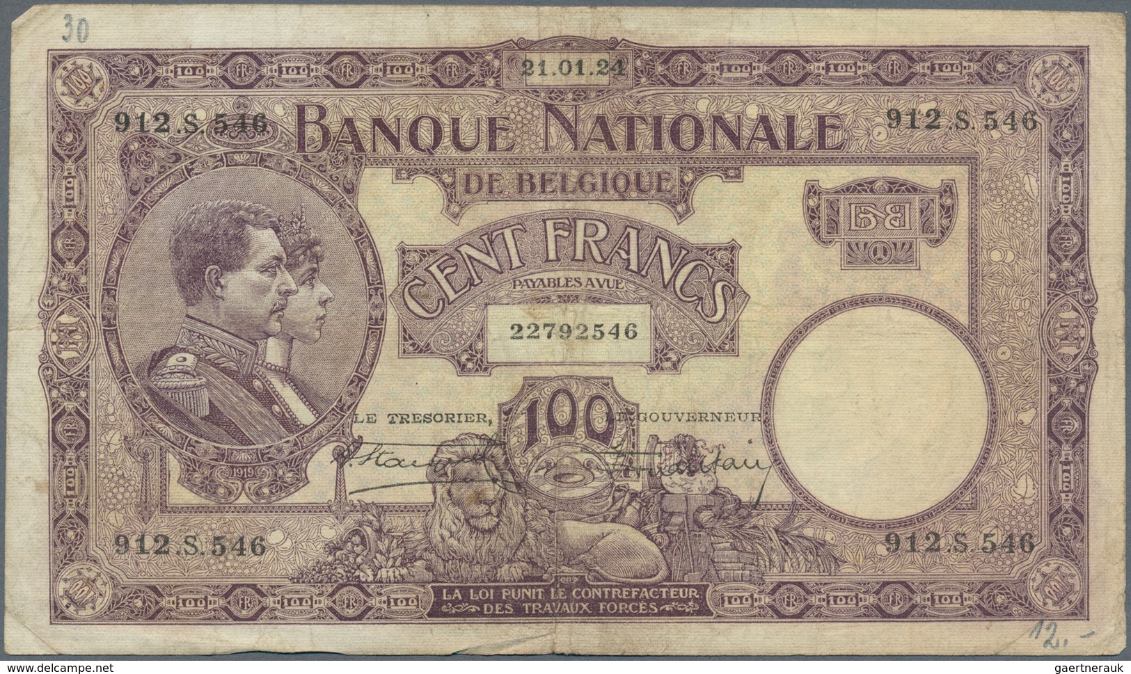01124 Belgium / Belgien: set with 4 Banknotes 100 Francs 1924 and 1927, P.95 in almost well worn condition