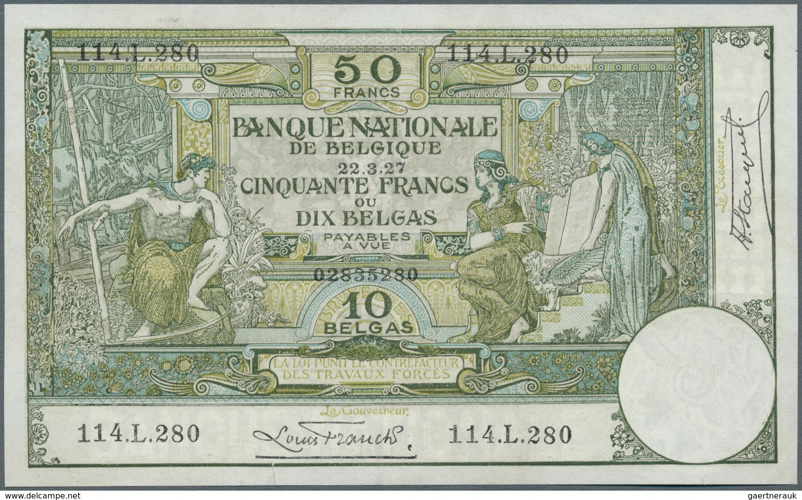 01125 Belgium / Belgien: 50 Francs - 10 Belgas 1927 P. 99, Rare Note, Light Center Fold, Light Corner Fold - [ 1] …-1830 : Voor Onafhankelijkheid