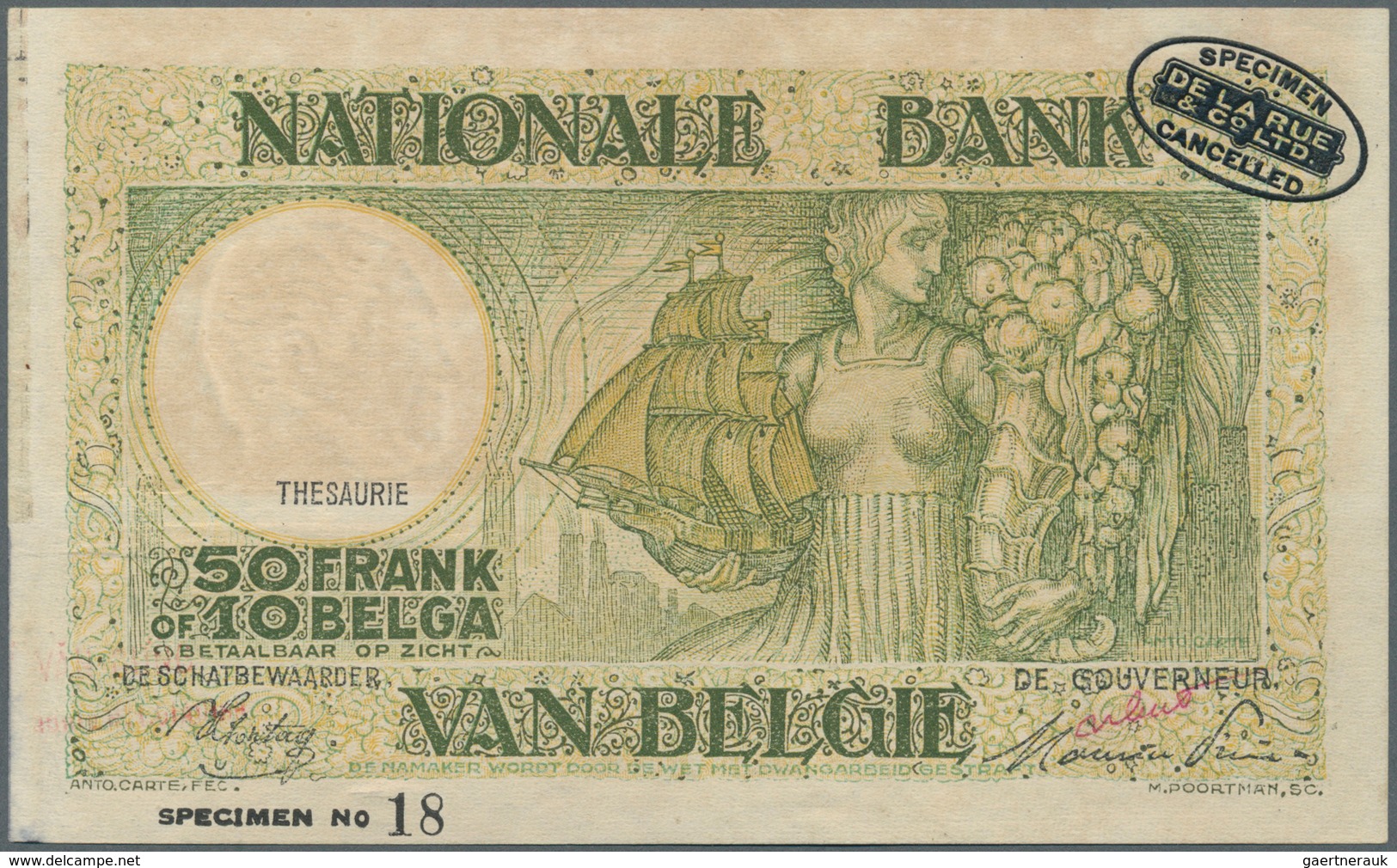 01126 Belgium / Belgien: 50 Francs = 10 Belgas ND(1945) Specimen P. 106s, Light Handling And Stain In Pape - [ 1] …-1830 : Voor Onafhankelijkheid