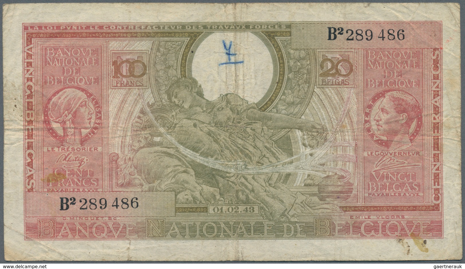 01127 Belgium / Belgien: 100 Francs = 20 Belgas 1943, P.123, Small Graffiti At Upper Center, Several Folds - [ 1] …-1830 : Prima Dell'Indipendenza