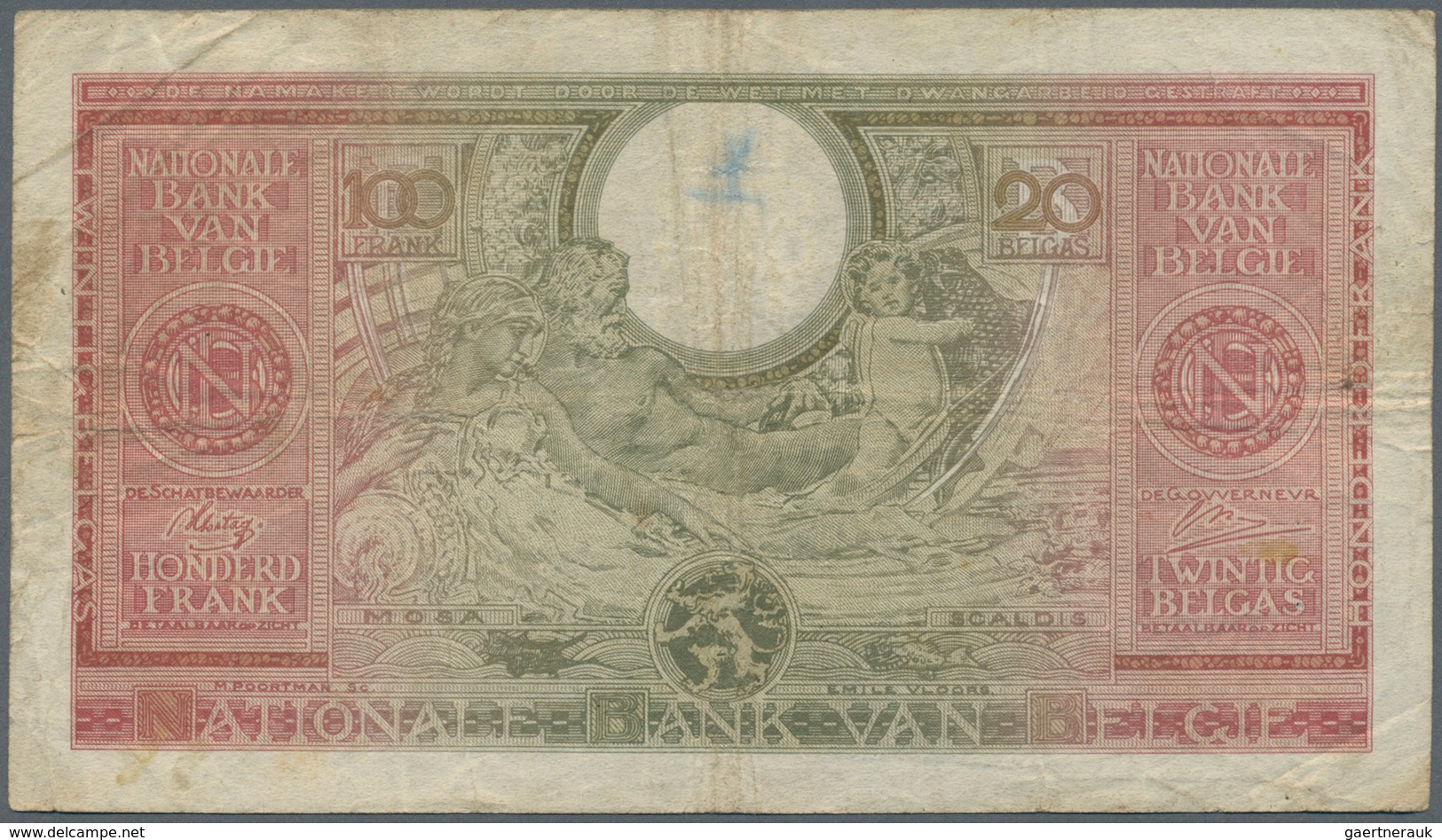 01127 Belgium / Belgien: 100 Francs = 20 Belgas 1943, P.123, Small Graffiti At Upper Center, Several Folds - [ 1] …-1830 : Antes De La Independencia