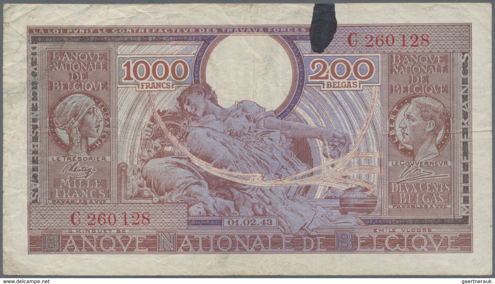 01128 Belgium / Belgien: 1000 Francs = 200 Belgas 1943 P. 125, Used With Folds And Creases, An Ink Stain A - [ 1] …-1830 : Before Independence