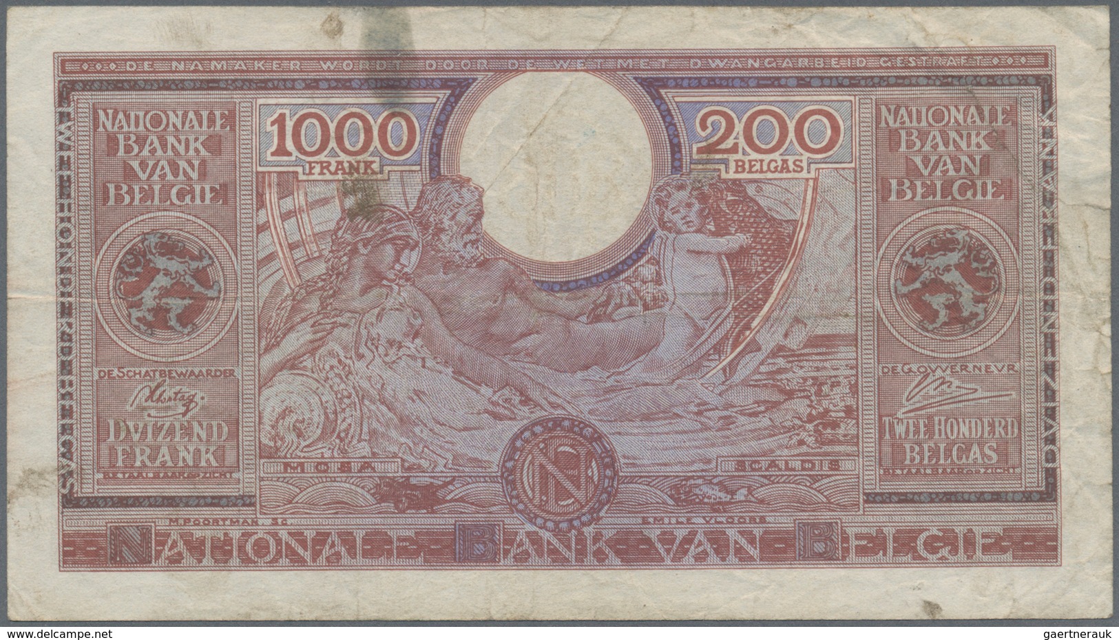 01128 Belgium / Belgien: 1000 Francs = 200 Belgas 1943 P. 125, Used With Folds And Creases, An Ink Stain A - [ 1] …-1830 : Antes De La Independencia