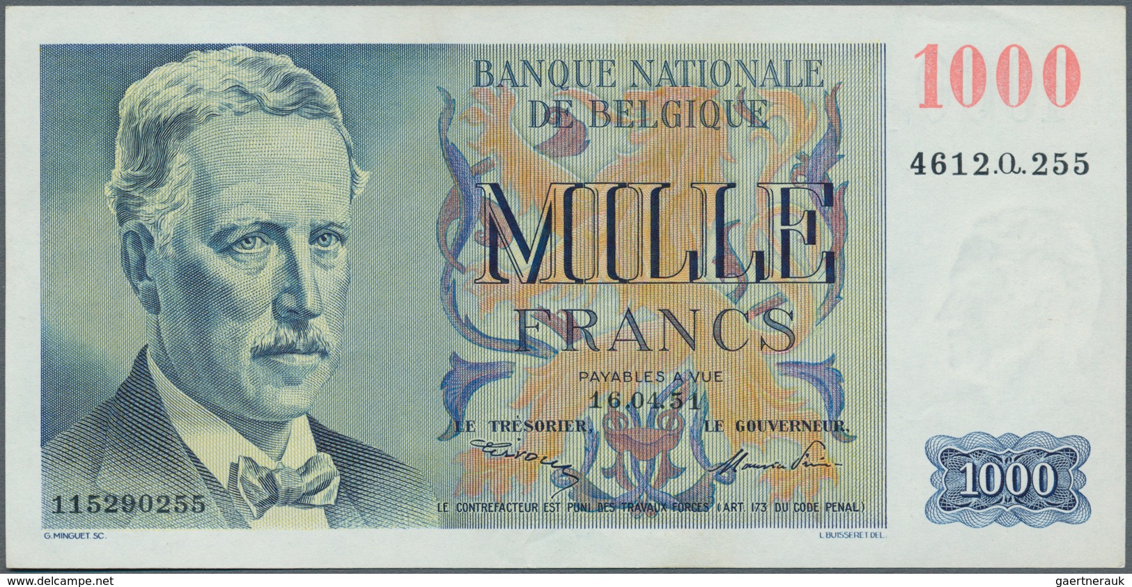 01129 Belgium / Belgien: 1000 Francs 1944 P. 128a, Never Folded, Only Light Crease At Borders, No Holes Or - [ 1] …-1830 : Antes De La Independencia