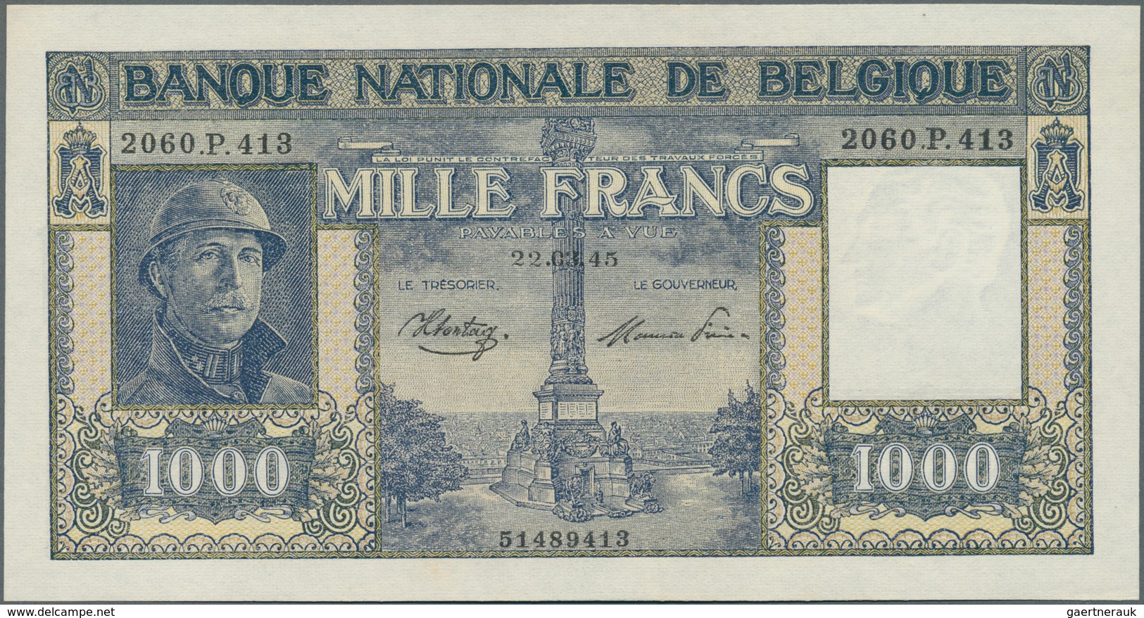 01130 Belgium / Belgien: 1000 Francs 1945 P. 128b In Crisp Original Condition: UNC. - [ 1] …-1830 : Antes De La Independencia