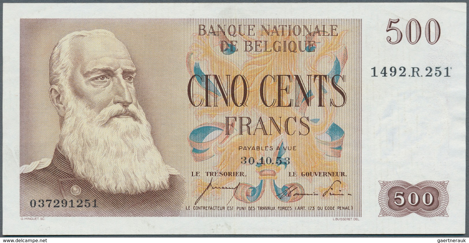 01131 Belgium / Belgien: 500 Francs 1953 P. 130a, Key Note Of This Series, Center Fold And Corner Fold At - [ 1] …-1830 : Voor Onafhankelijkheid