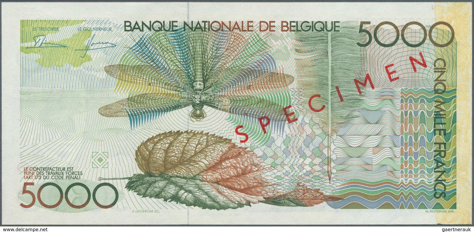 01134 Belgium / Belgien: 5000 Francs ND(1982-97) Speicmen P. 145s, Zero Serial Numbers, Specimen Overprint - [ 1] …-1830 : Antes De La Independencia