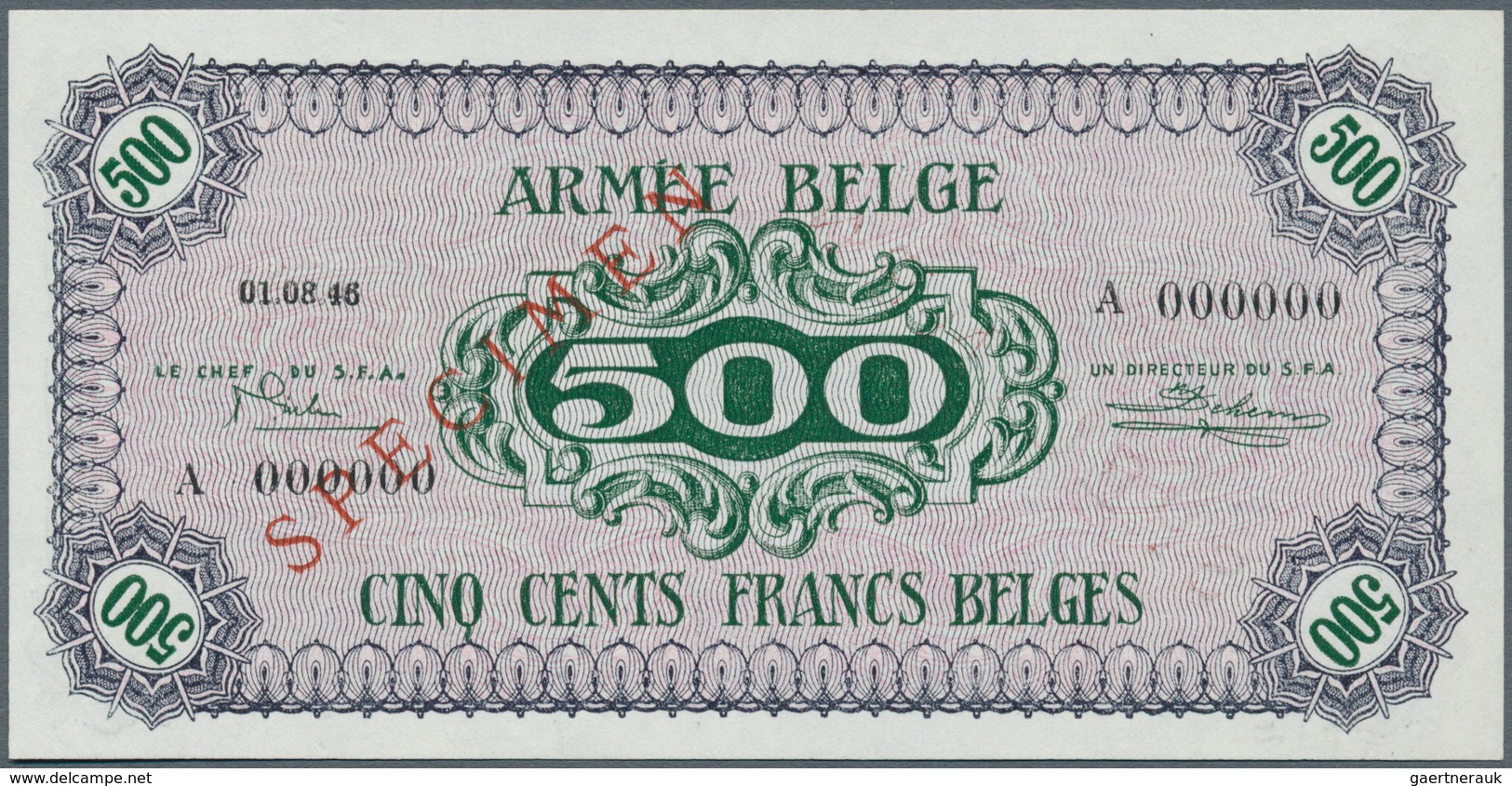 01135 Belgium / Belgien: 500 Francs 1946 Specimen P. M8s, Rare Type Especially As Speicmen, With Zero Seri - [ 1] …-1830 : Before Independence