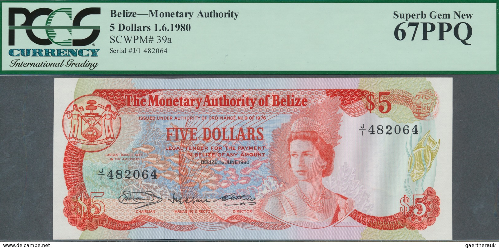 01139 Belize: 5 Dollars 1980, P.39a In Perfect UNC Condition, PCGS Graded 67 Superb Gem New - Belice